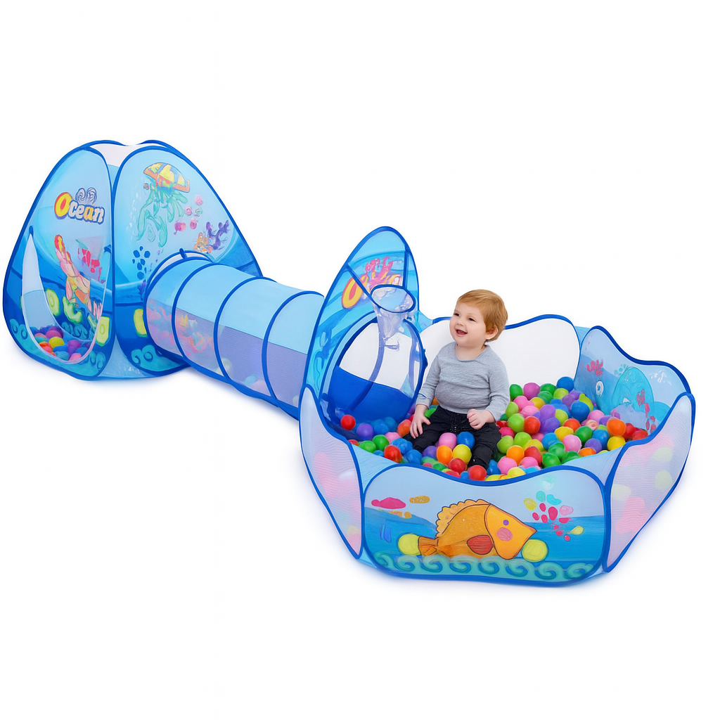"Ocean-themed tunnel play tent with ball pit and smiling baby inside"