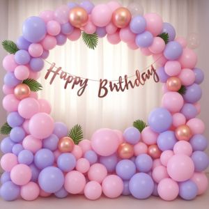 Pastel pink and purple balloon arch decoration with Happy Birthday banner