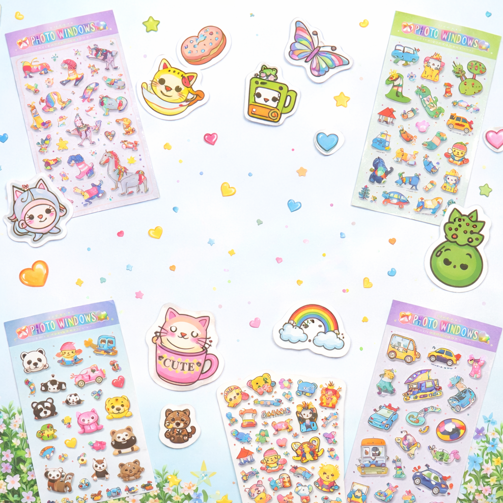 Colorful kids stickers collection with cartoon animals, unicorns, vehicles and cute fun designs for decoration and school use