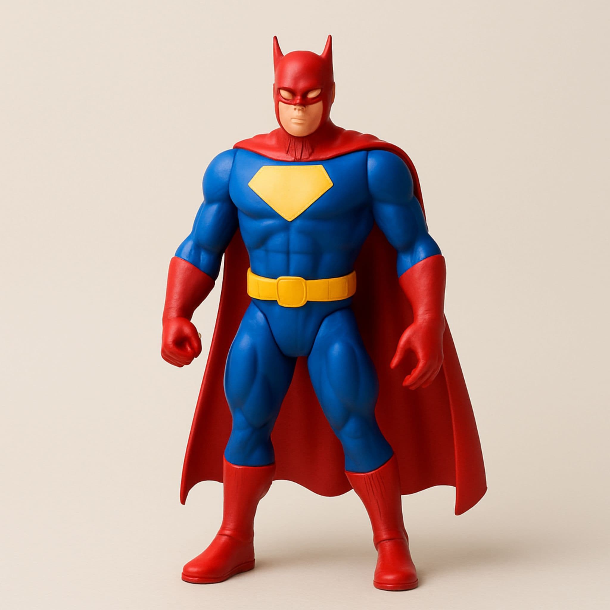 Superhero action figure toy in red and blue costume with yellow belt and cape – perfect for kids' role play and gifting | Motumal Giftwala Ranchi