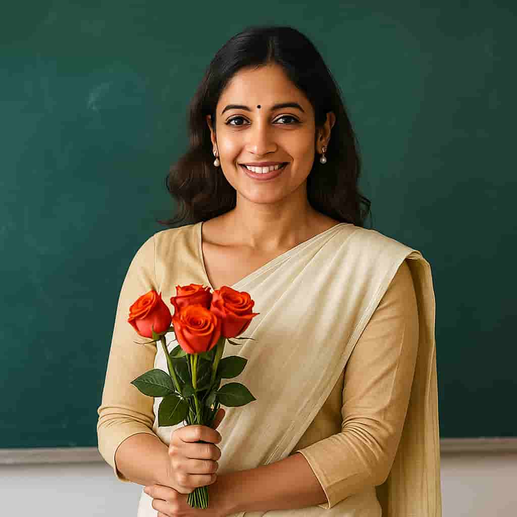 “A thoughtful Teacher’s Day themed image showing a South Asian woman teacher smiling with appreciation — representing Motumal Giftwala’s Teacher’s Day Gift Collection in Ranchi.”