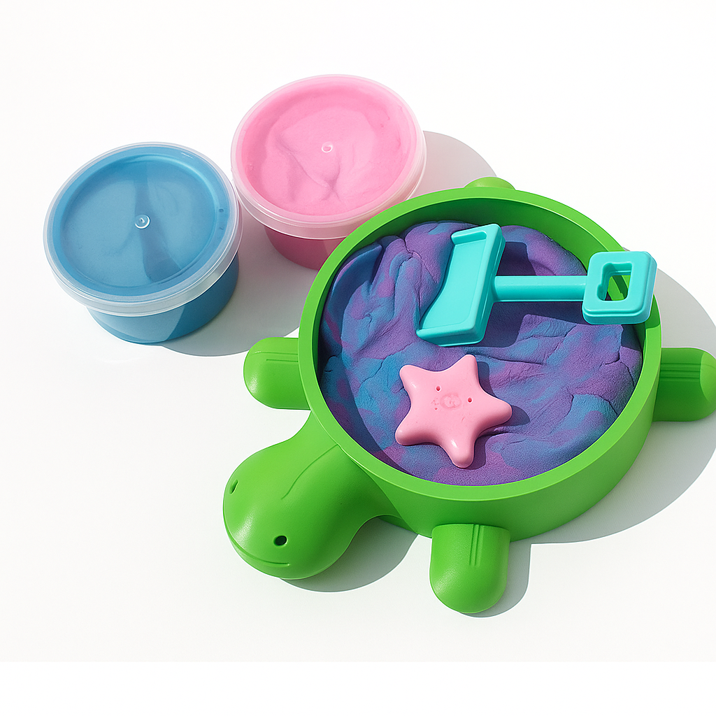 Turtle Shape Play Dough Set with Pink and Blue Clay and Cute Plastic Cutters – Safe Sensory Toy for Kids