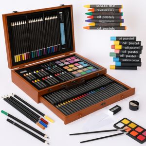 150 Pcs Wooden Art Kit with crayons, pencils, watercolors and more – premium artist gift set in wooden box by Motumal Giftwala Ranchi