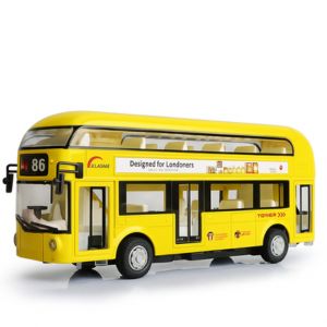 Yellow London-style double-decker toy bus with pull-back action and clear windows – kids vehicle by Motumal Giftwala Ranchi
