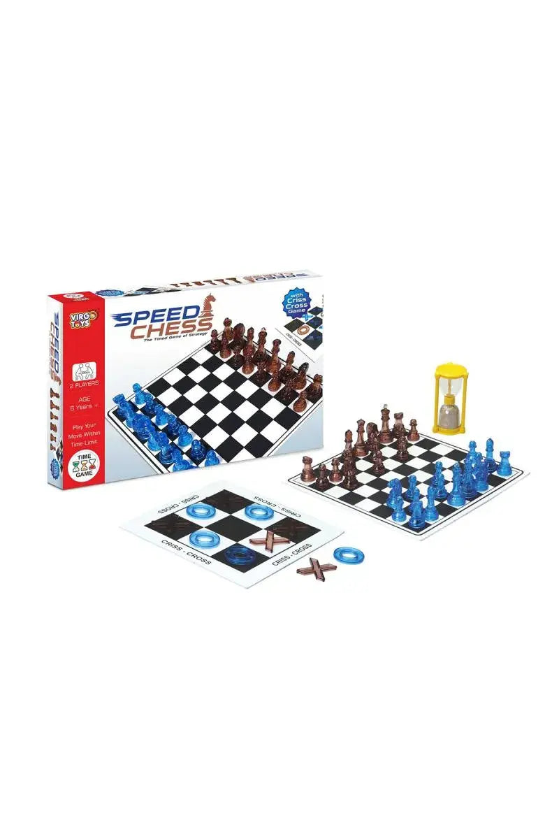 Speed Chess set with pieces, board, and timer on a white background