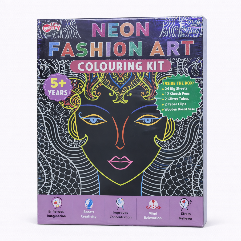 Neon Fashion Art Colouring Kit packaging with a stylized face design on a white background