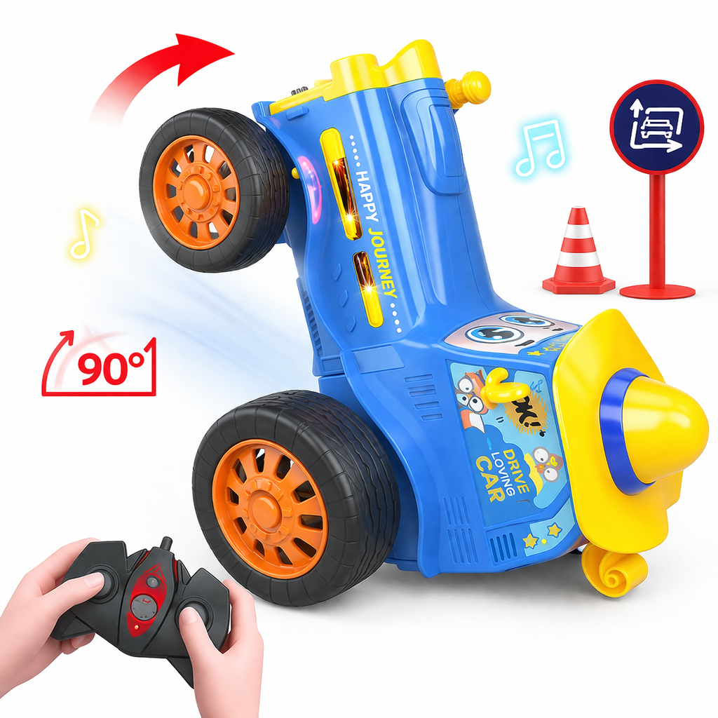 Toy car with remote control, blue and yellow color scheme, on a white background