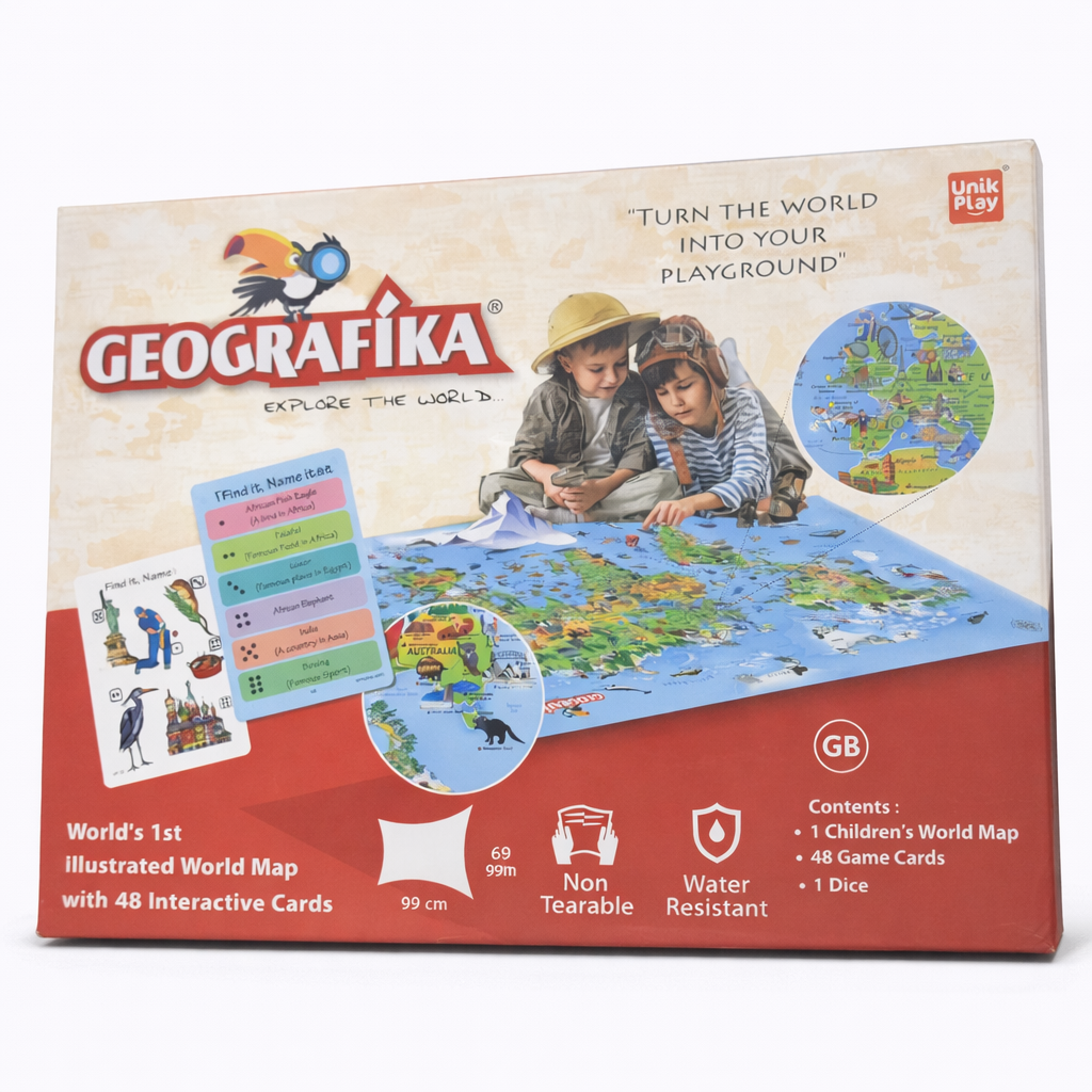 Geografika educational game packaging with children studying a world map on a white background