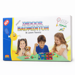 Box of indoor badminton and lawn tennis game set with children playing on the packaging.