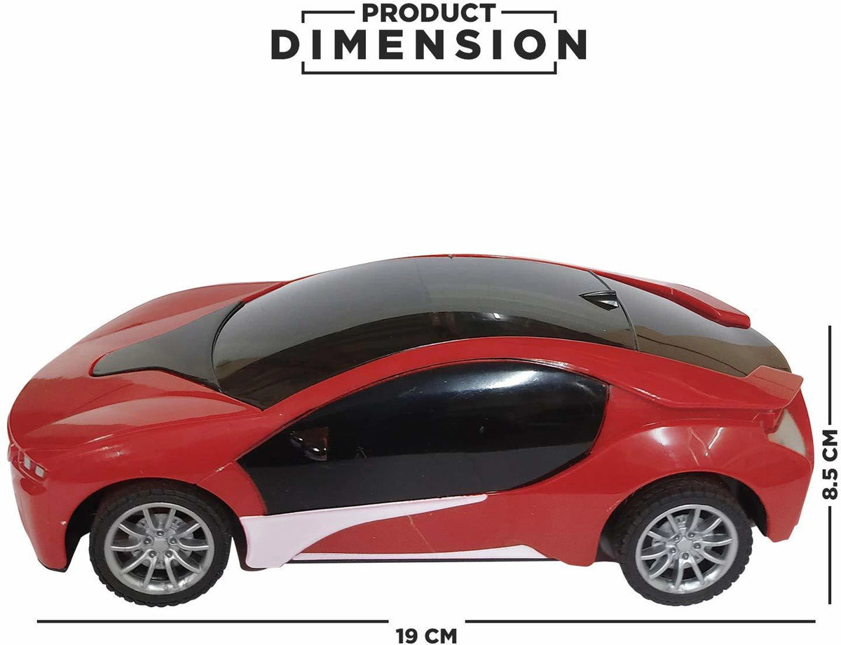Red and black toy car with dimensions on a white background