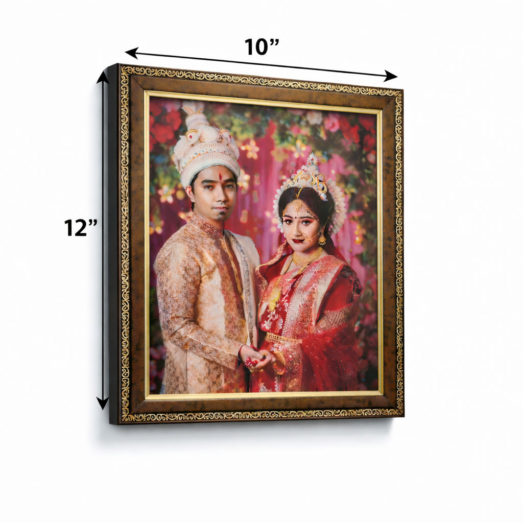 Framed portrait of a couple with decorative elements, showing dimensions.
