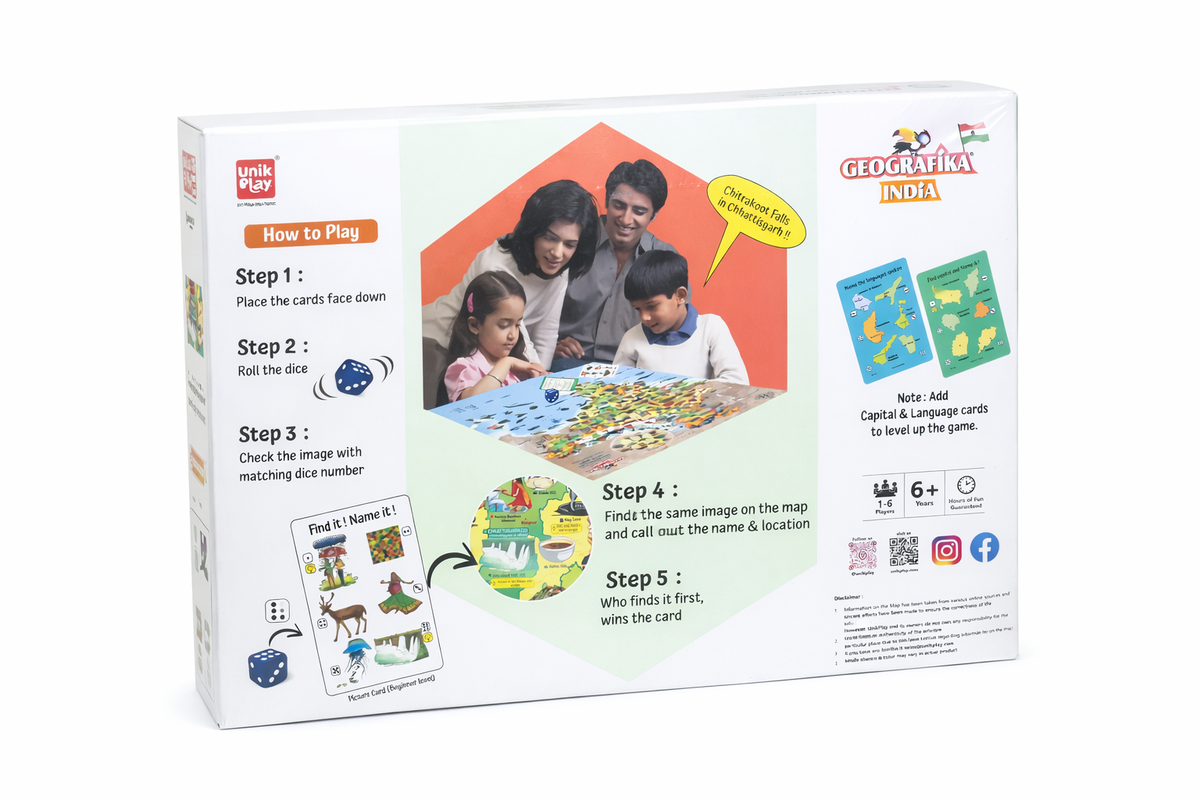 Educational game packaging with steps to play and family photo on a white background