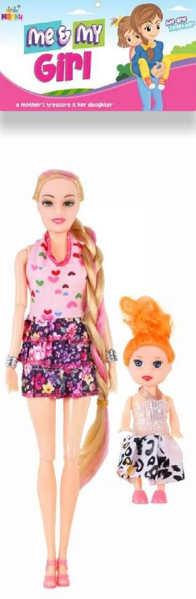 Two dolls, one tall and one small, with a packaging background featuring 'me & my girl' branding.