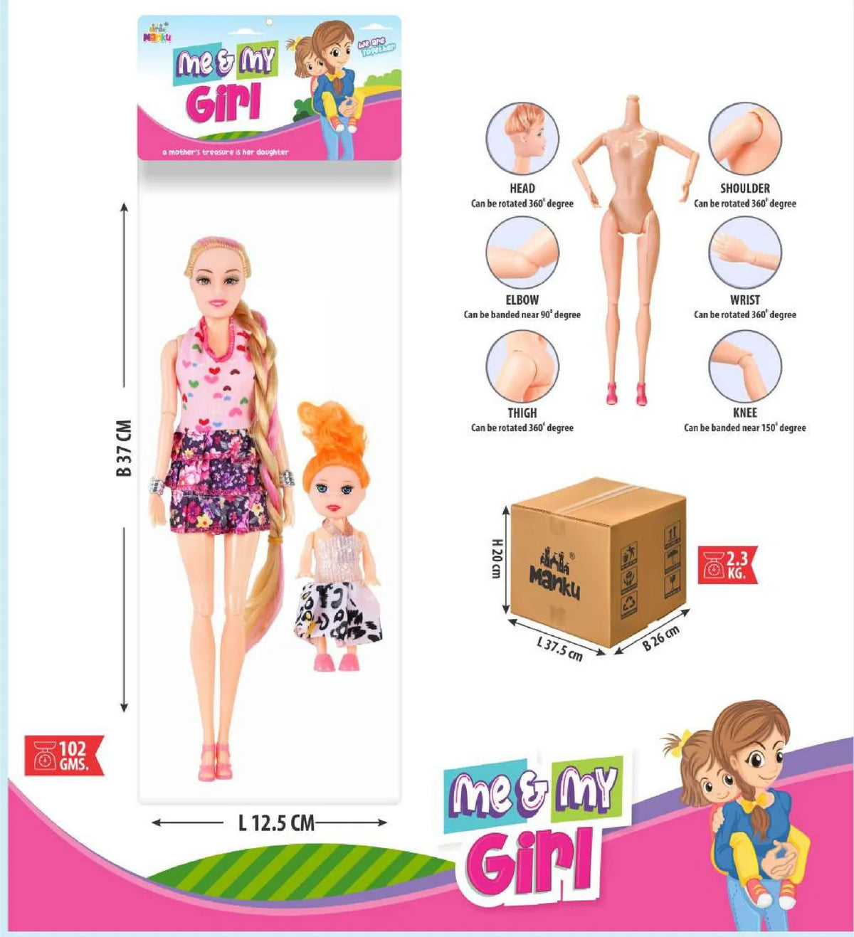 Product packaging for 'Me & My Girl' dolls with dimensions and features displayed.