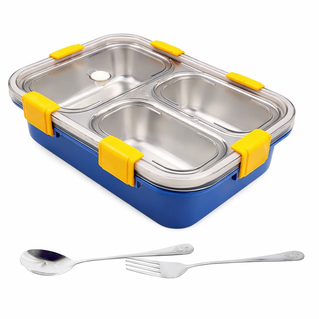 Stainless Steel Lunch Box 3 Compartment Blue Utensils-motumal