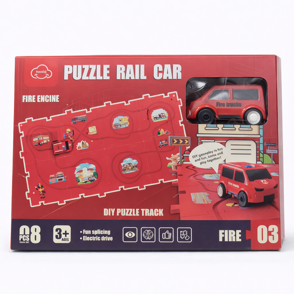 Puzzle Rail Car Fire Engine Toy Track Set for Kids 3+