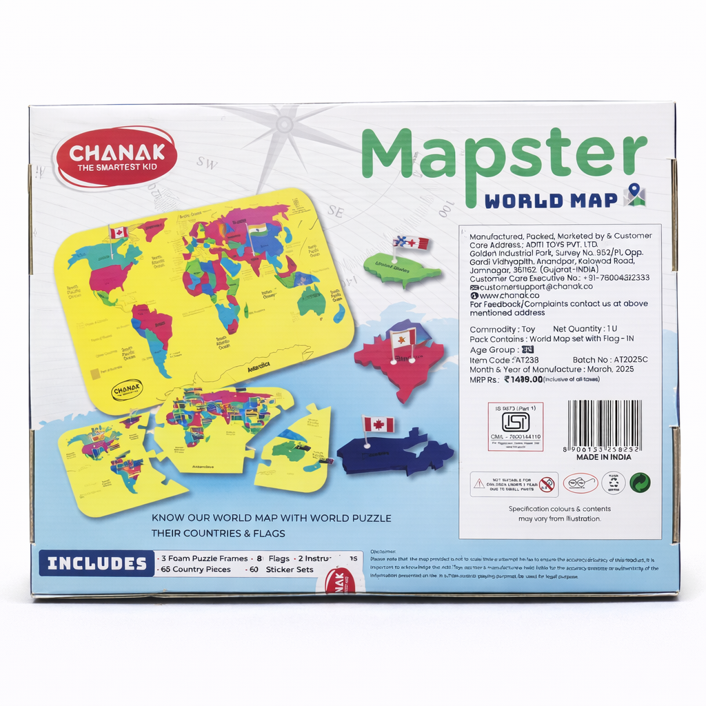 Mapster world map puzzle packaging with colorful world map and flags on a white background