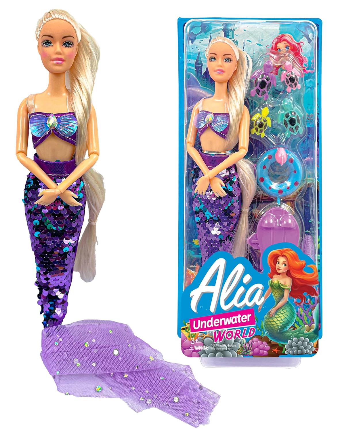 Mermaid doll with sequin tail and packaging featuring 'Alia Underwater World' branding.