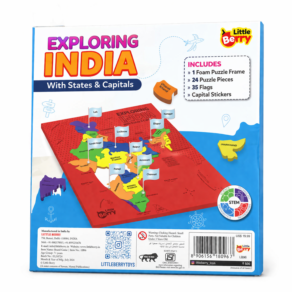 Educational toy packaging for 'Exploring India with States & Capitals' by Little Berry