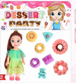 Toy set with a doll and miniature food items on a 'Dessert Party' themed box.