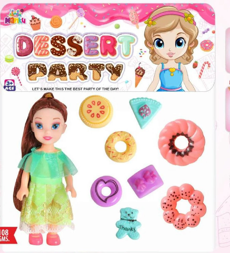 Toy set with a doll and miniature food items on a 'Dessert Party' themed box.