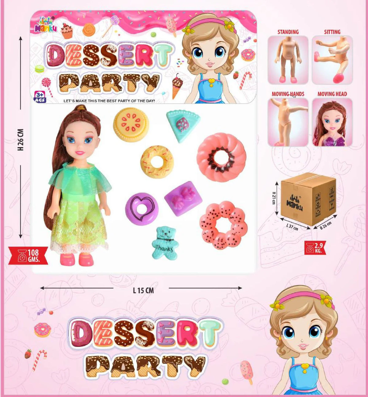 Dessert Party toy set with dolls and accessories on a pink background
