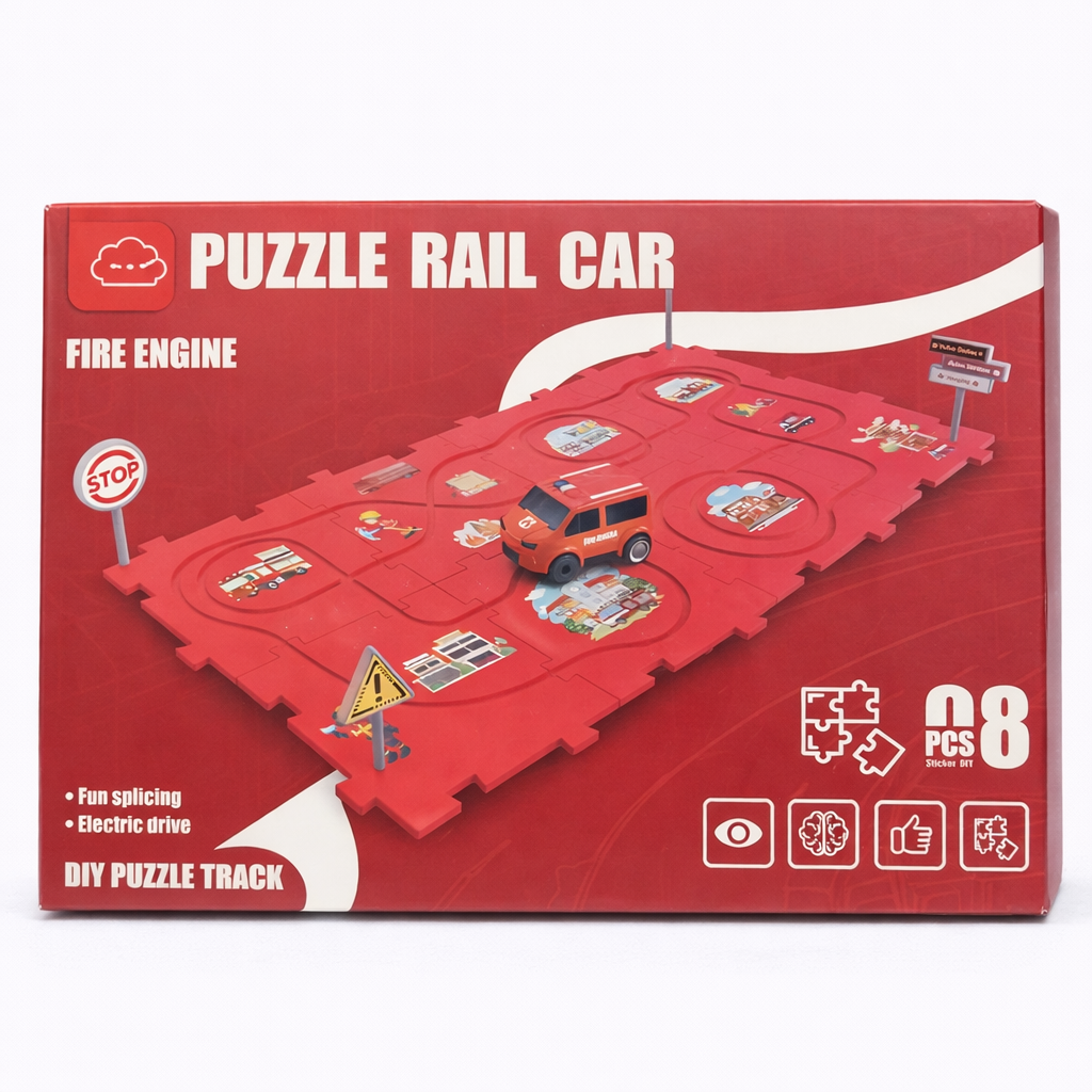Puzzle rail car packaging with fire engine design on a red background