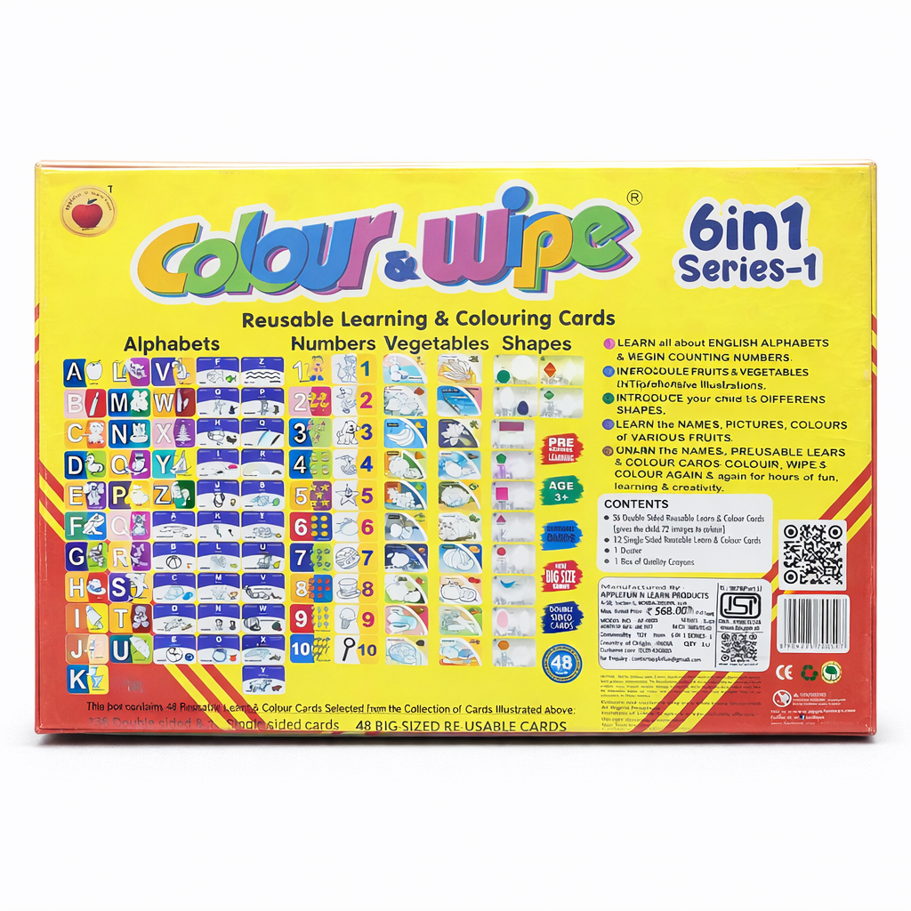 Box of Colour & Wipe educational cards with colorful text and graphics.
