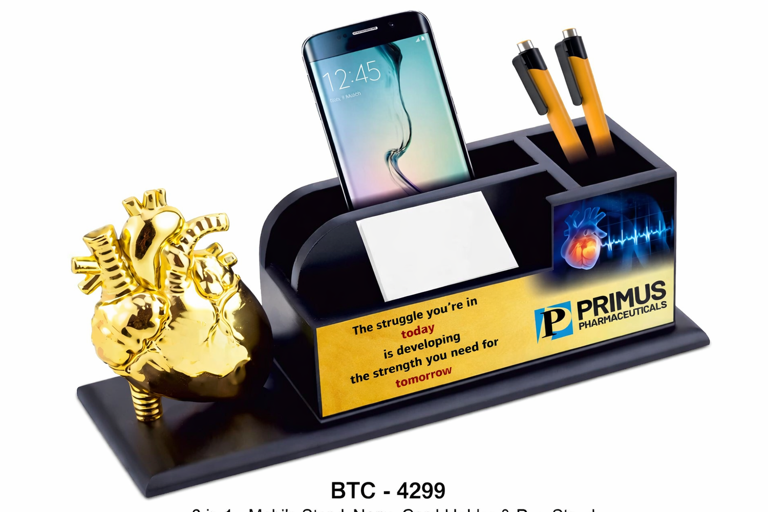 Desk organizer with phone, pens, and a gold heart-shaped object on a white background