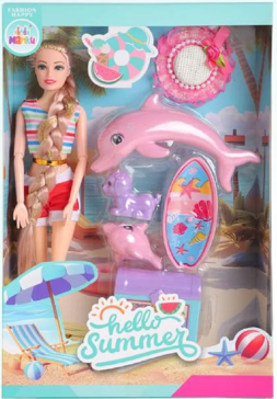 Barbie doll with a dolphin and beach accessories in a 'hello summer' themed packaging.