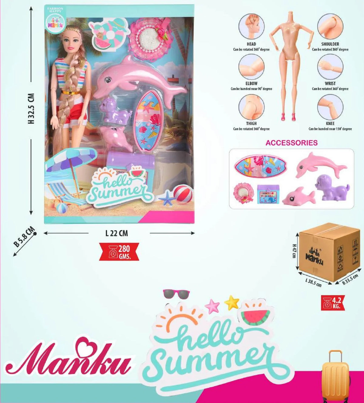 Toy packaging with a doll, accessories, and dimensions displayed.