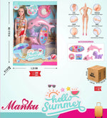 Toy packaging with a doll, accessories, and dimensions displayed.