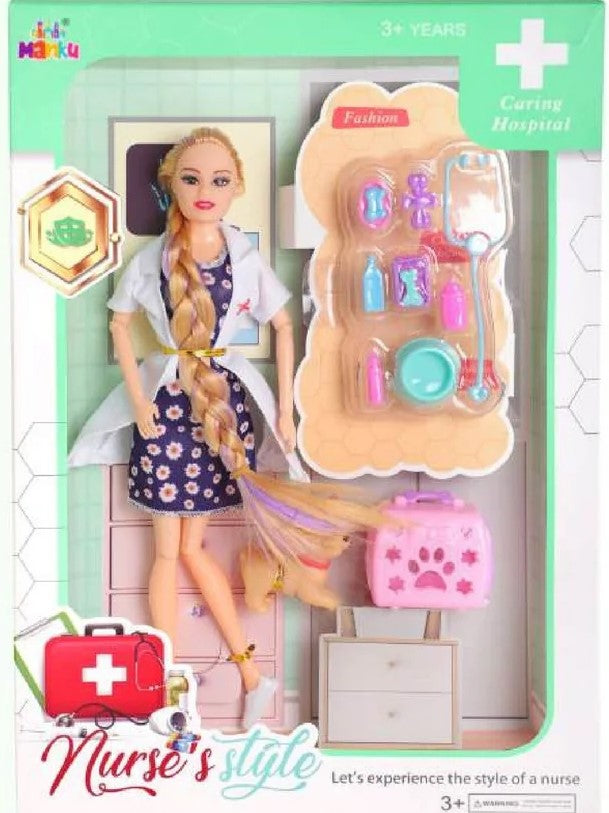 Nurse-themed doll set with a doll, accessories, and a hospital-themed box.