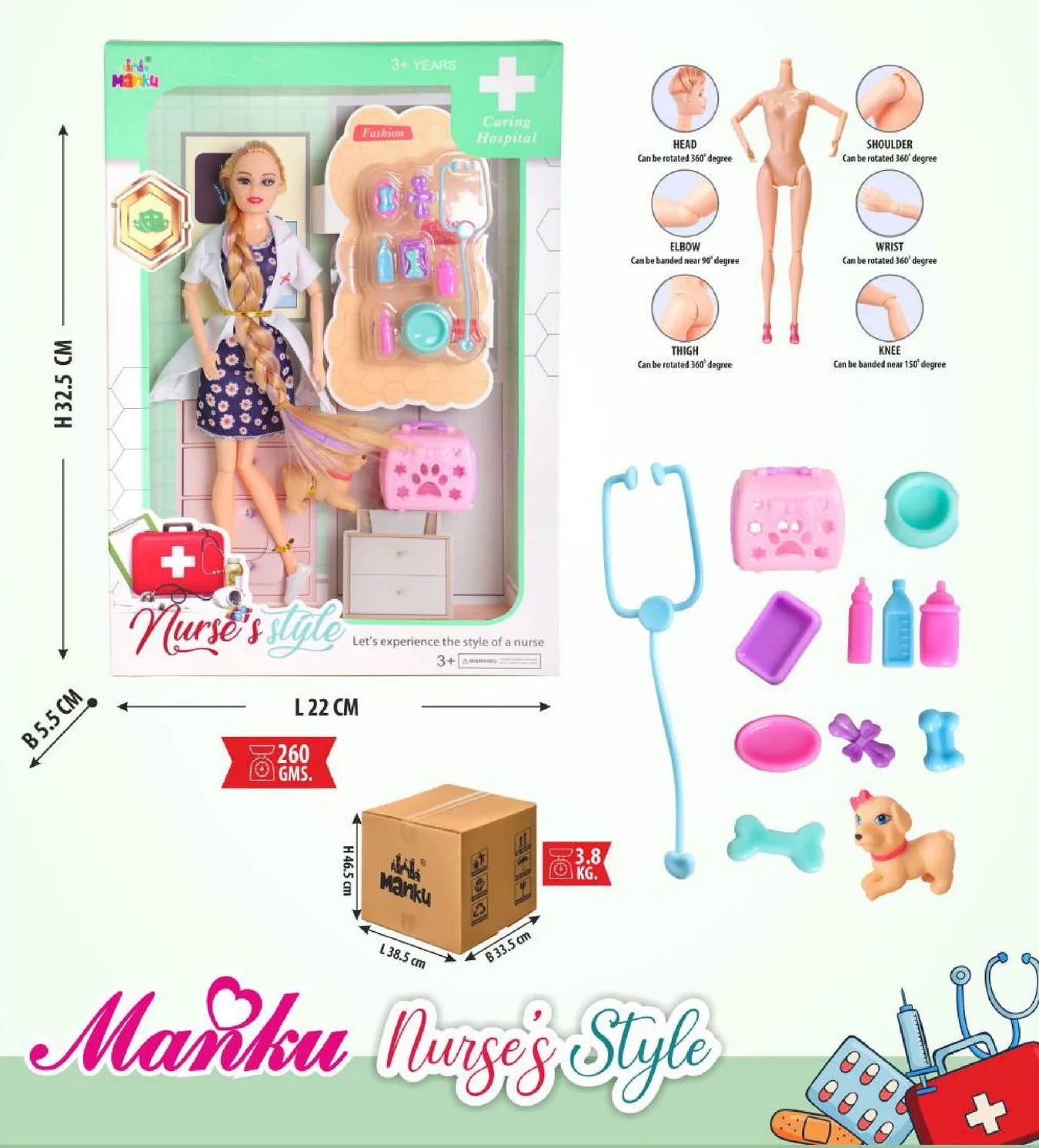 Toy set packaging for 'Nurse's Style' with doll, accessories, and dimensions displayed.