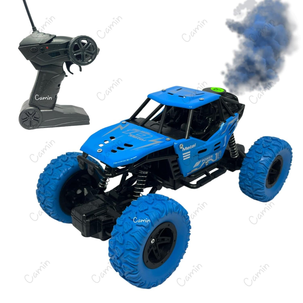 Blue remote control monster truck with smoke effect on a white background