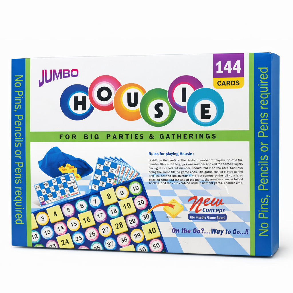 Box of Jumbo Housie game with colorful design and text on a white background