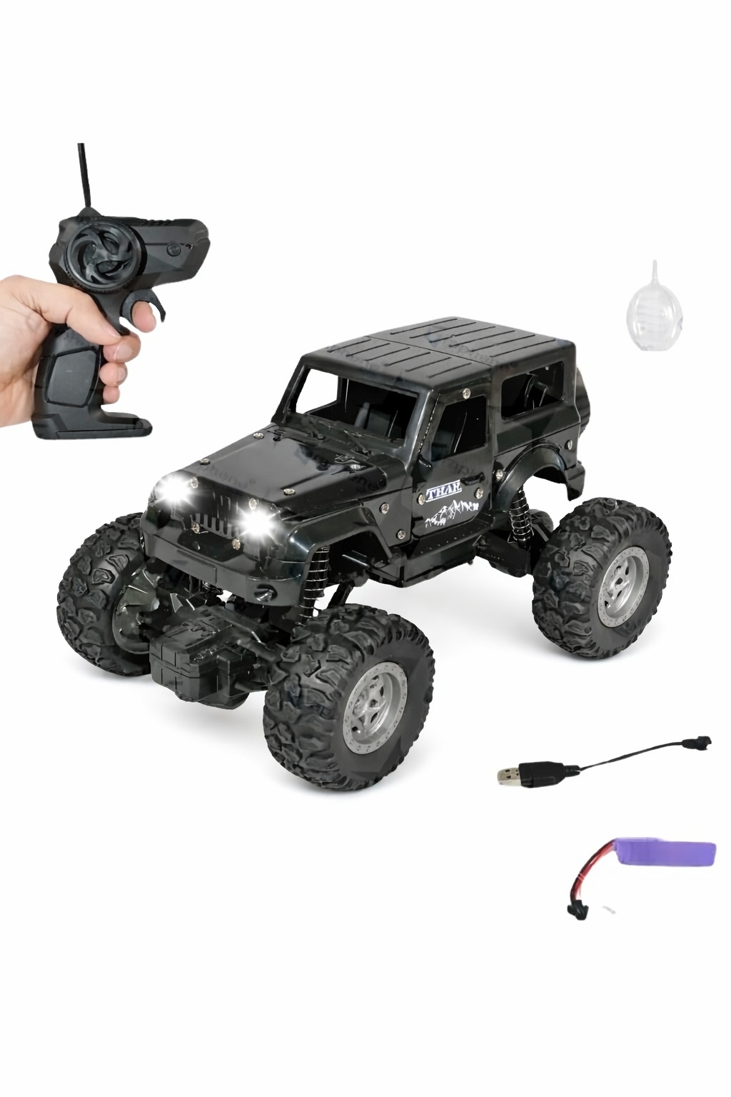 Black remote control toy truck with controller on a white background