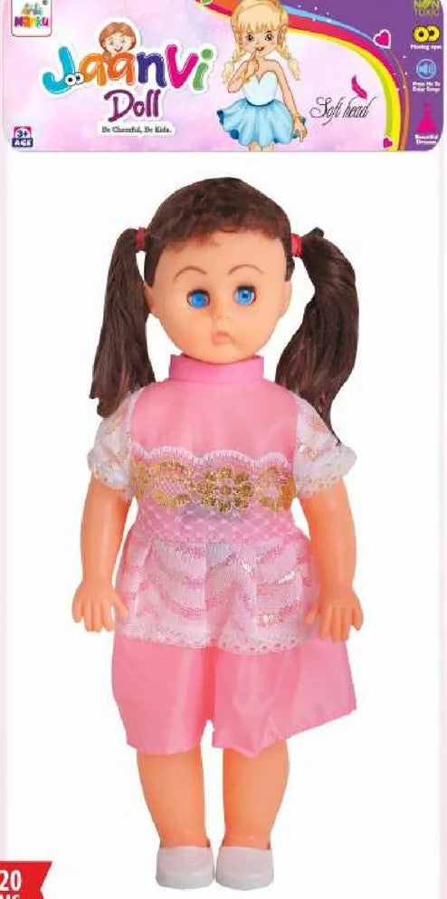 Doll with pink outfit and packaging featuring 'Jaanvi' branding on a white background