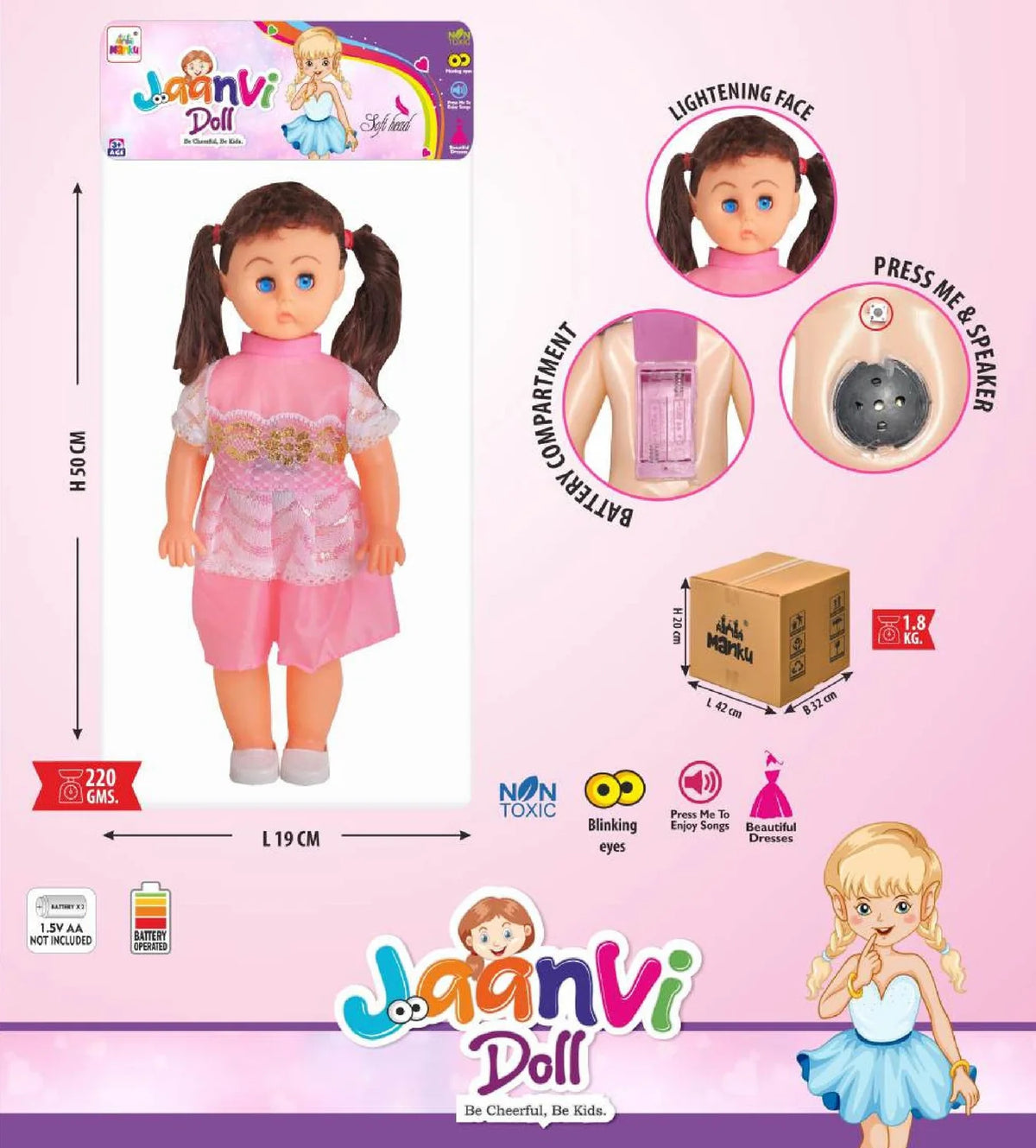 Jaanvi doll packaging with doll illustration, features, and dimensions on a pink background
