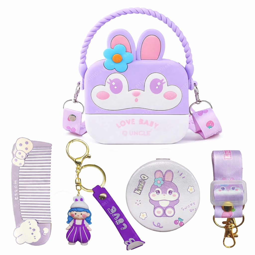 Set of purple and white rabbit-themed accessories including a pouch, comb, keychain, and more.