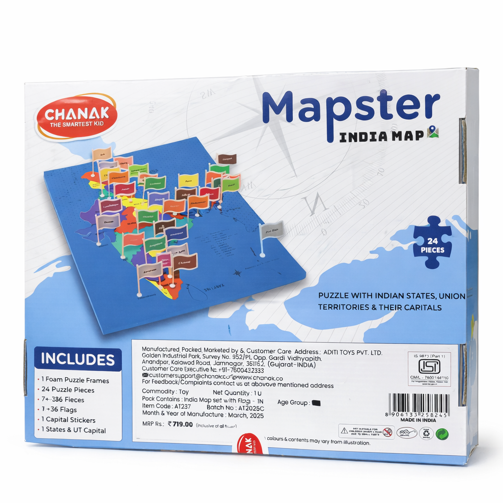 Mapster India Map puzzle packaging with colorful flags on a blue map