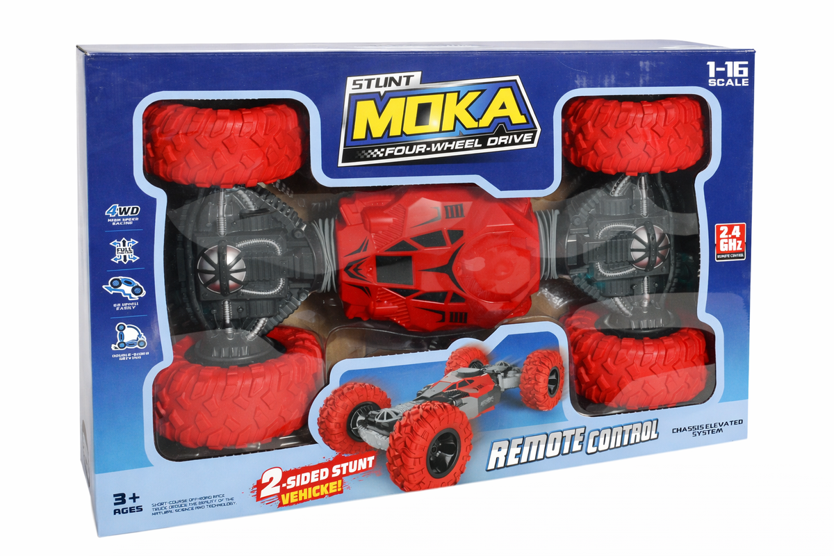 Moka remote control stunt vehicle set packaging on a white background