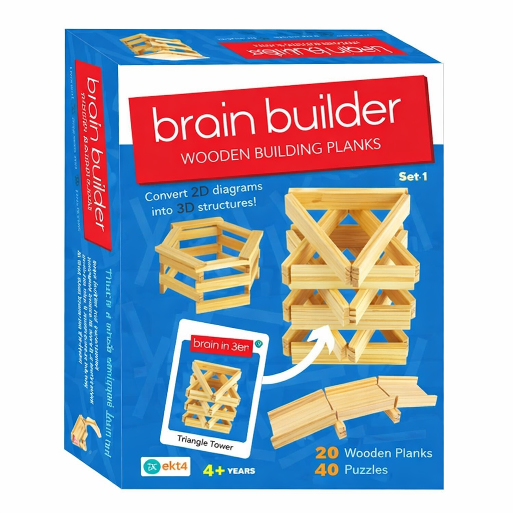 Box of 'brain builder' wooden building planks with illustrations and text on a white background
