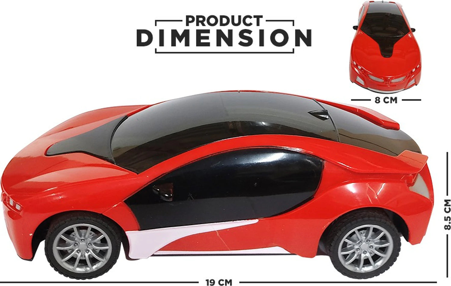 Red and black toy car with dimensions on a white background