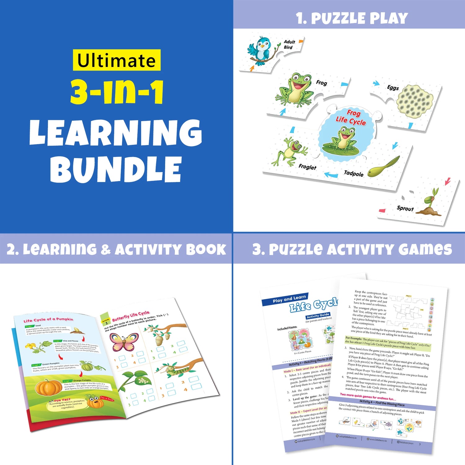 Educational materials including a puzzle, activity book, and puzzle activity games on a blue and white background.