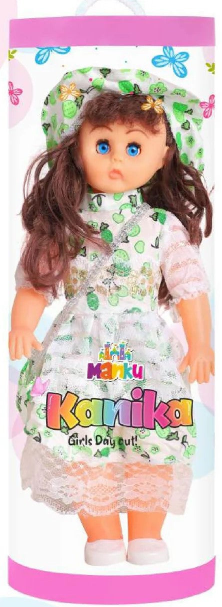 Doll with a floral dress in packaging with 'Kamika' branding