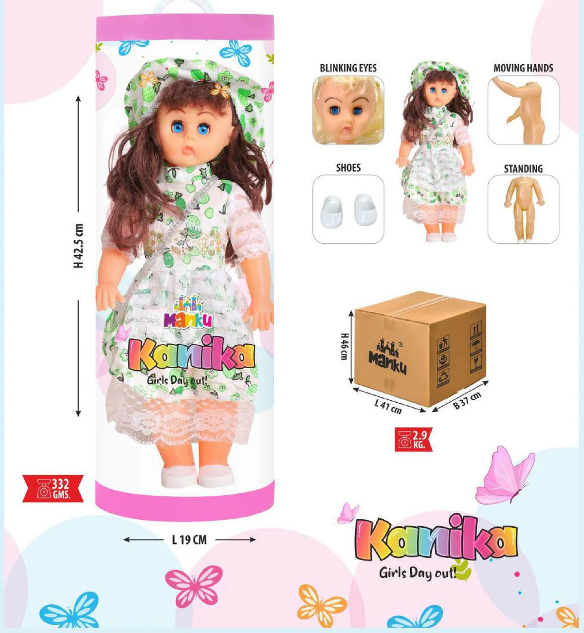 Kamika doll packaging with product details and features