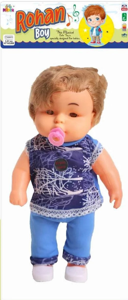Baby doll with pacifier and blue outfit on a white background