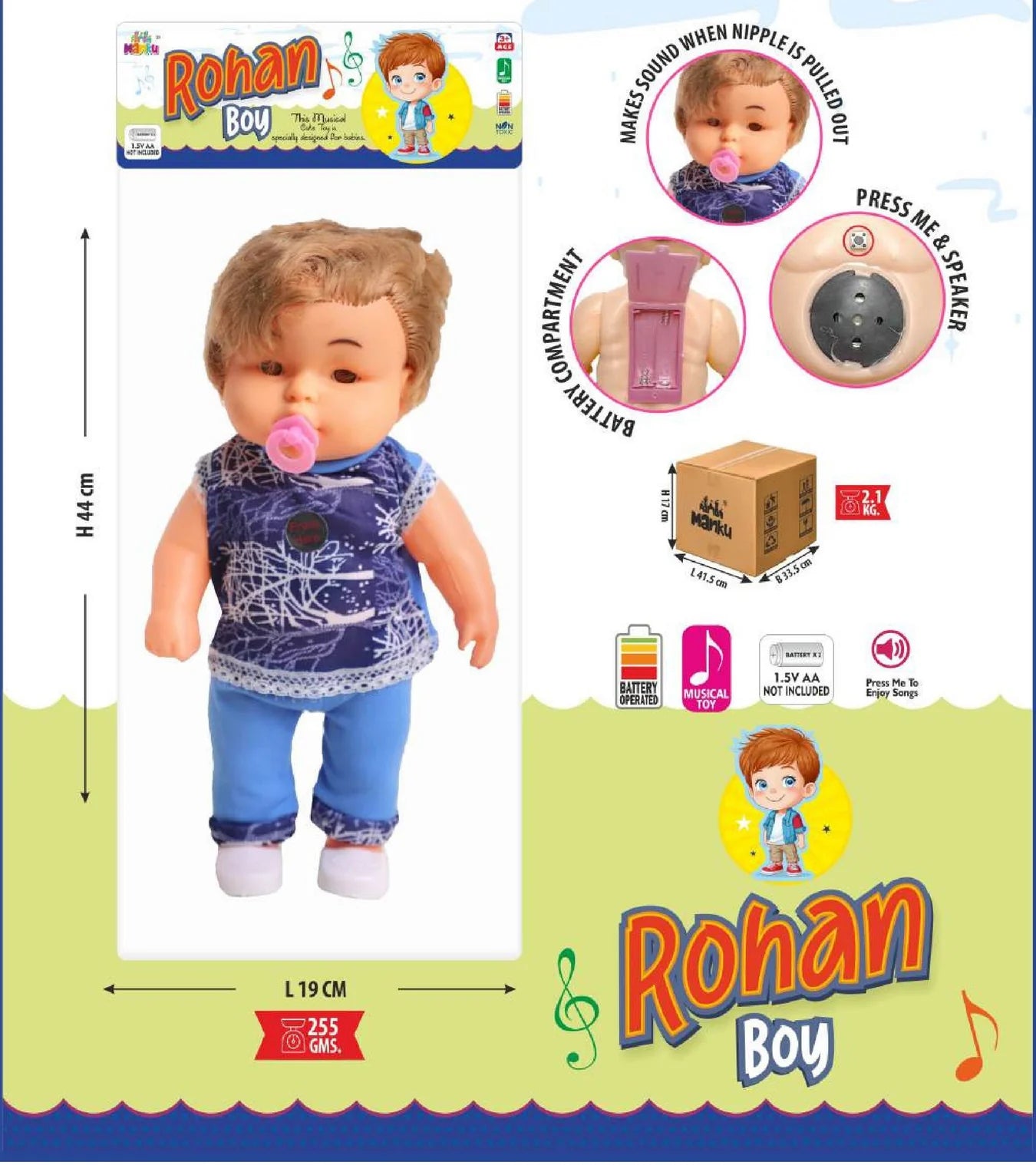 Toy doll with packaging featuring 'Rohan Boy' branding and product details.