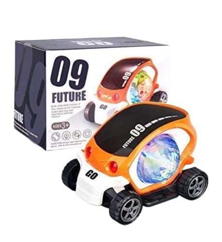 Toy car with colorful lights and '09 Future' branding next to its packaging.